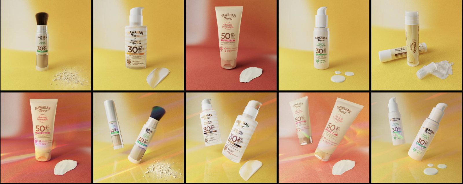 Hawaiian Tropic product assets against vibrant backgrounds