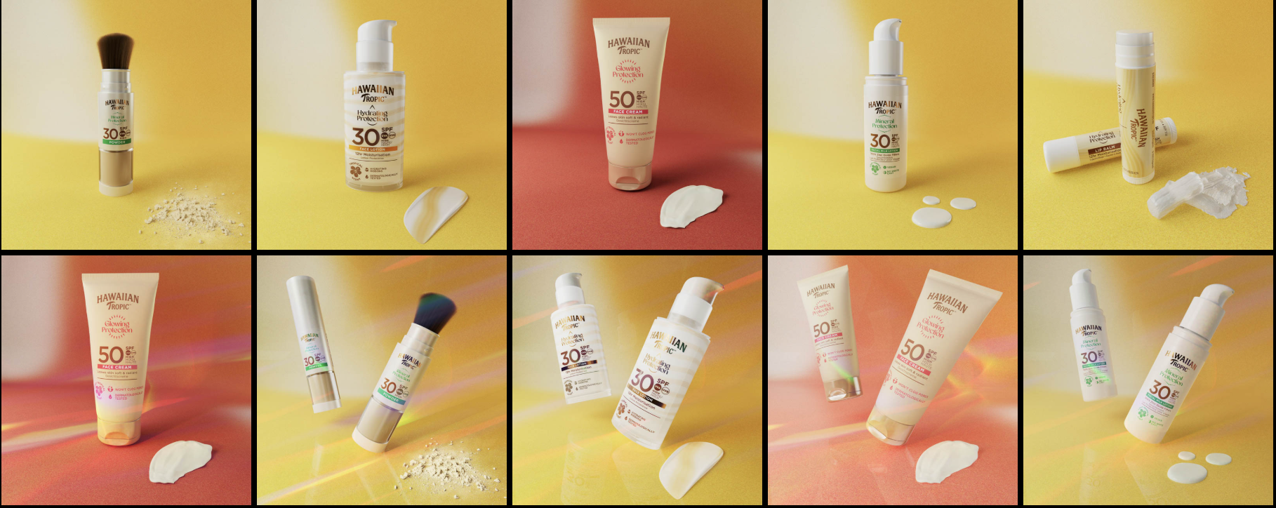 Hawaiian Tropic product assets against vibrant backgrounds